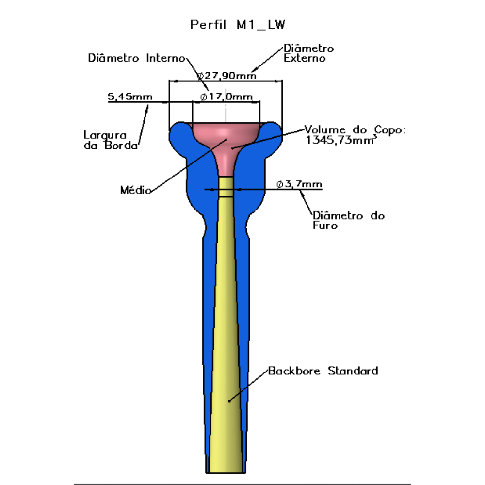 Cross-section showing the dimensions of the Padovani Music M1 Lightweight Mouthpiece